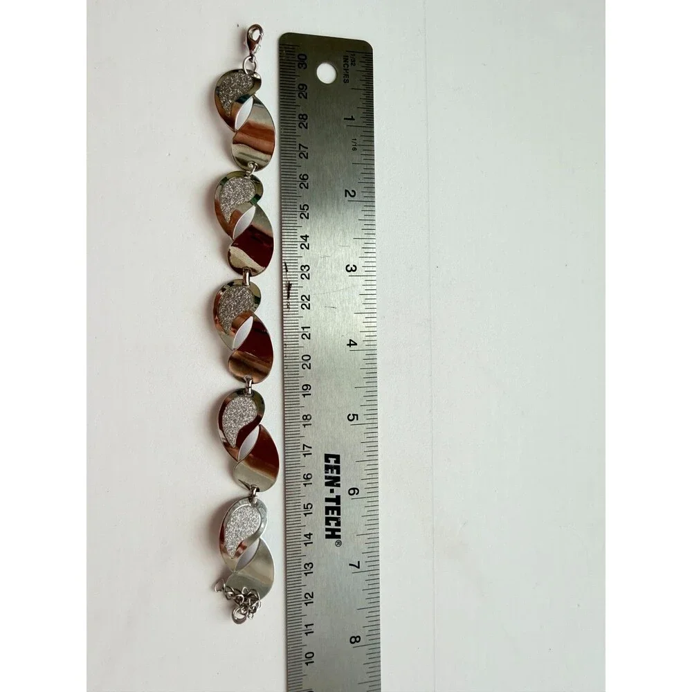Visetti Designer Silver Tone Wave Link Bracelet Glitter Frosted Polished Metal